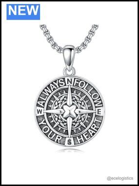 925 Sterling Silver Compass Pendant Necklace